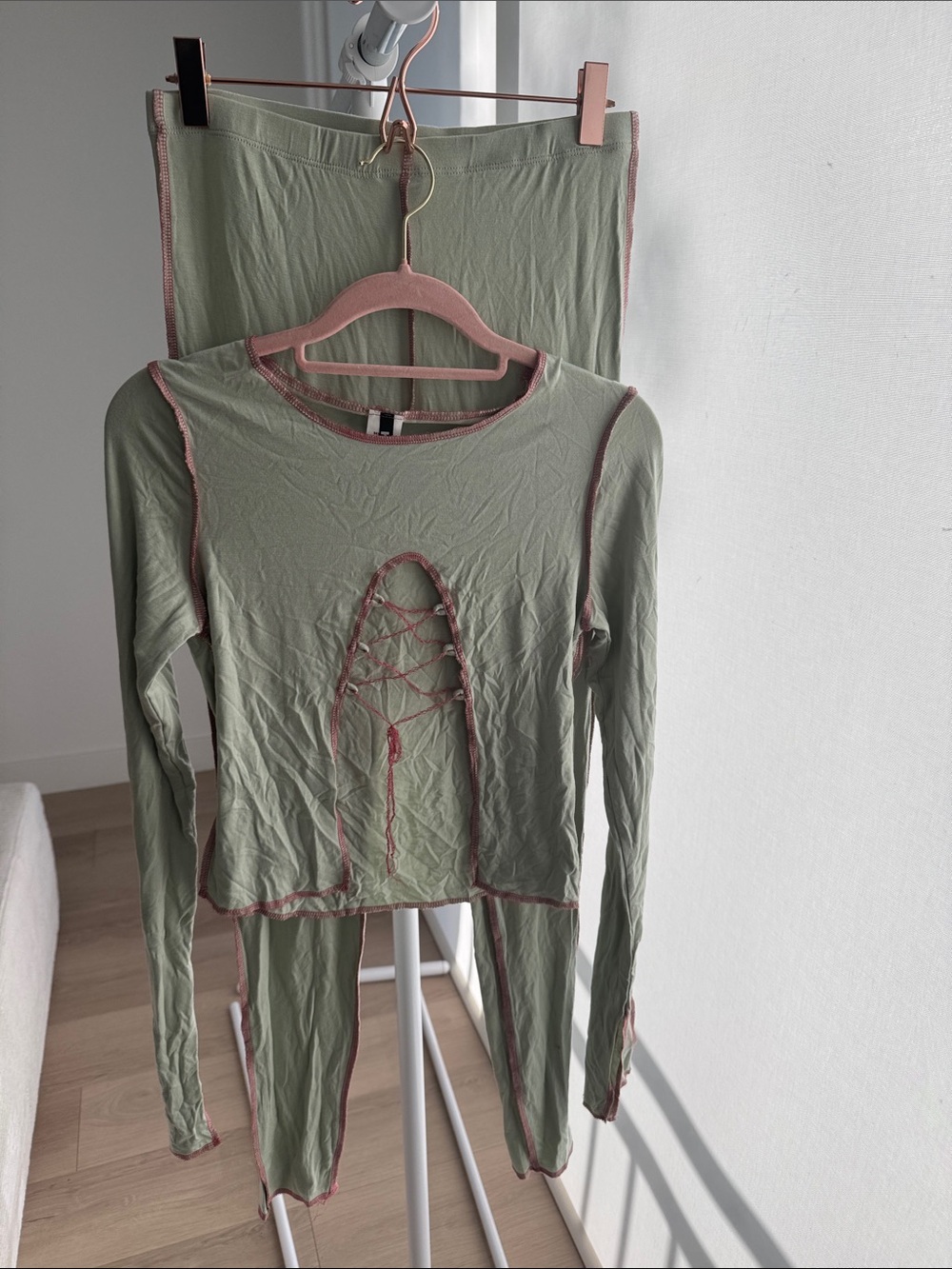 Women's Sage Green Lace-Up Long Sleeve Top - Unbranded